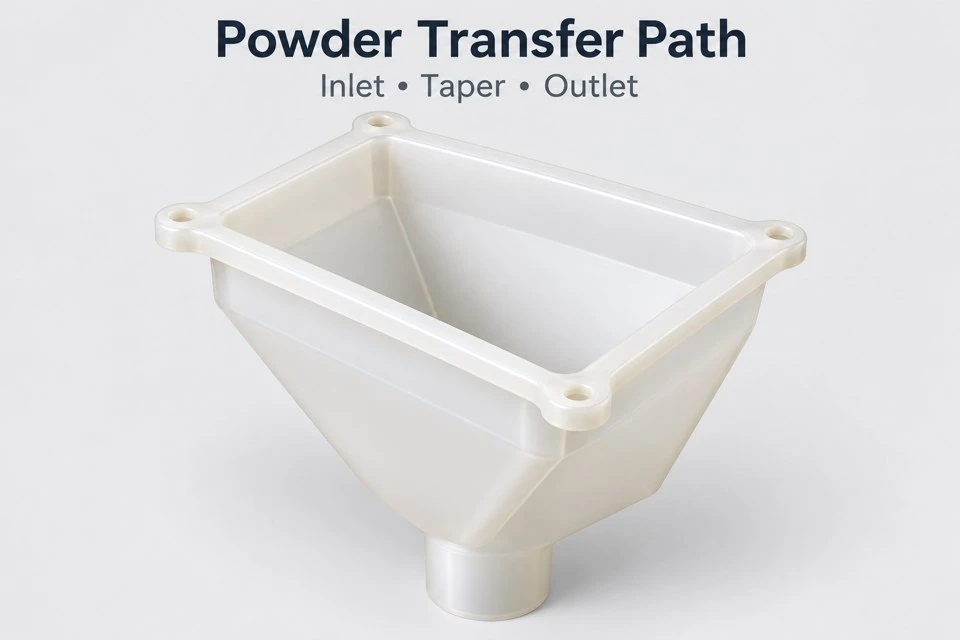 product-1-1 Custom molded polypropylene dosing funnel concept showing a rectangular inlet and tapered transfer chamber
