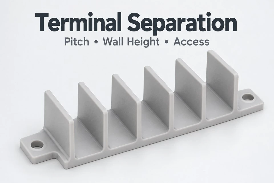 product-1-1 Custom nylon terminal separator concept with parallel upright walls and mounting ears