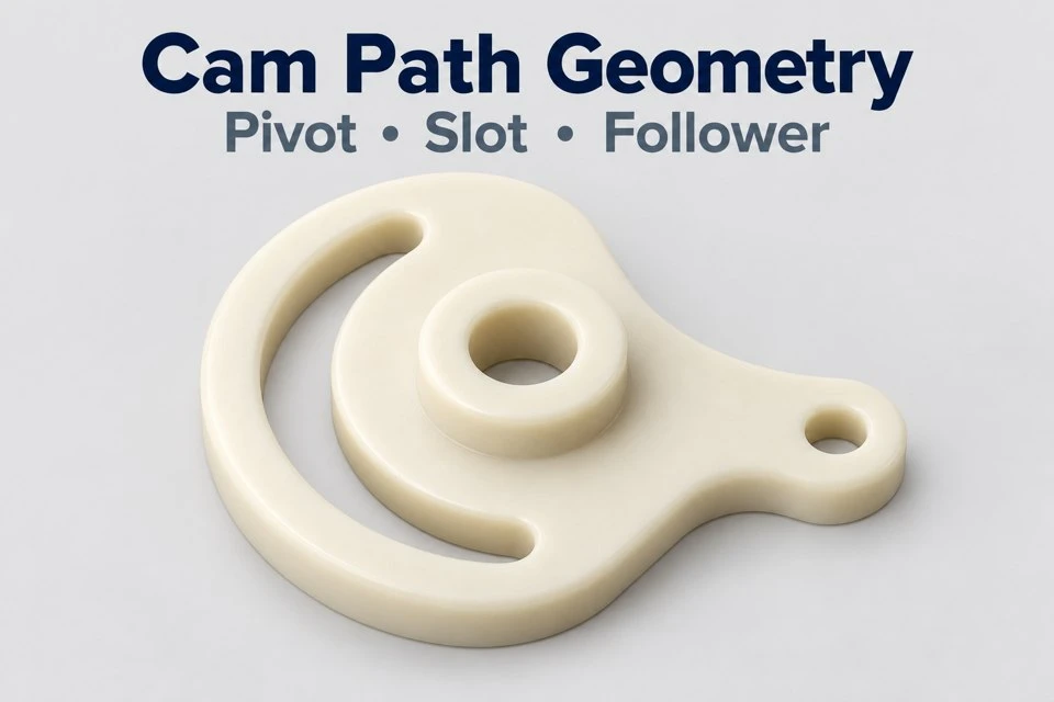 product-1-1 Custom acetal slotted cam plate concept with a curved follower slot and central pivot hub
