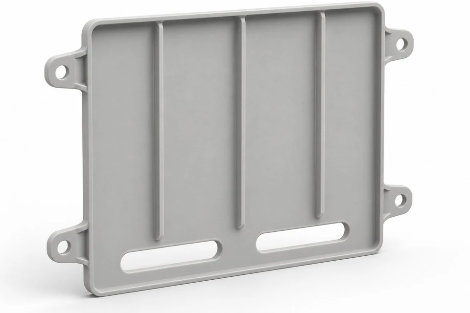product-1-1 Rear face of a molded PP reservoir baffle concept showing reinforcement ribs and mounting interfaces
