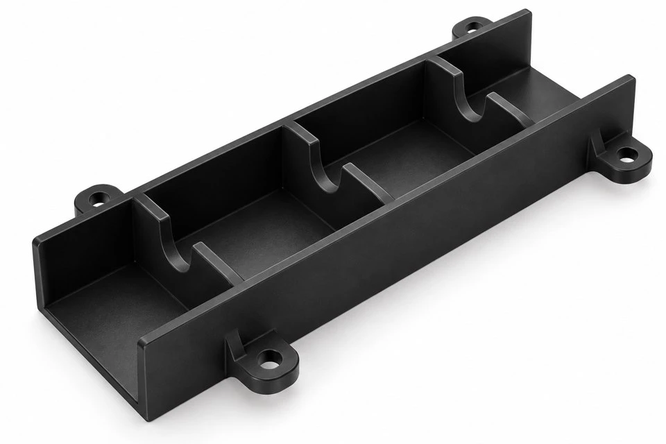 product-1-1 Custom black ABS optical sensor baffle concept with an open channel and aligned notched partitions