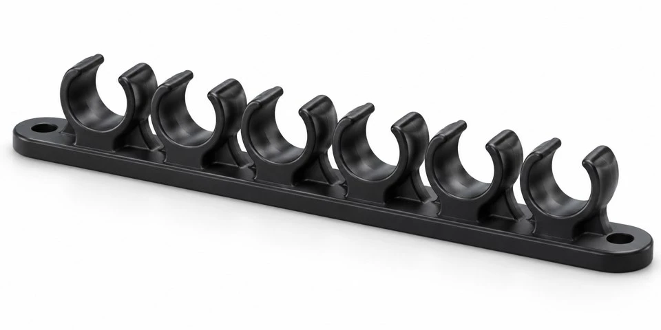 product-1-1 PA66 pneumatic tube routing comb concept showing smooth open retaining saddles on a continuous base