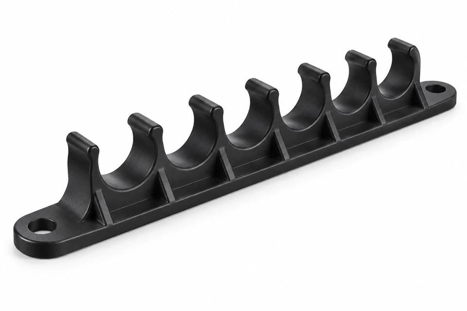 product-1-1 Custom nylon tube comb bracket concept showing mounting ears and reinforced saddle roots