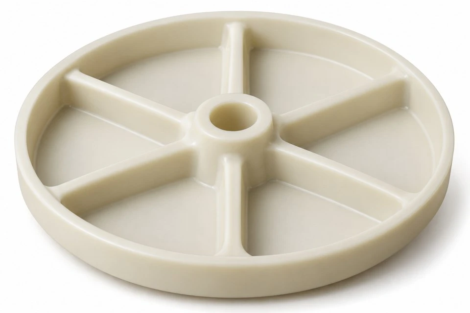 product-1-1 Radial reverse ribs and bored central hub of a custom PP diaphragm backing plate