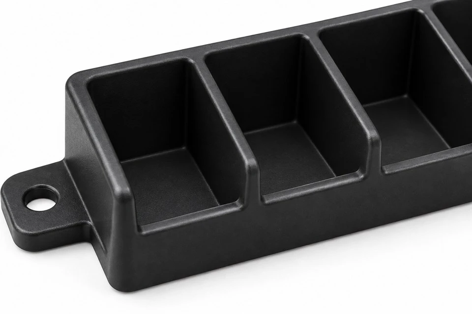 product-1-1 Open storage pockets and rounded divider edges of a custom ABS spare fuse rack