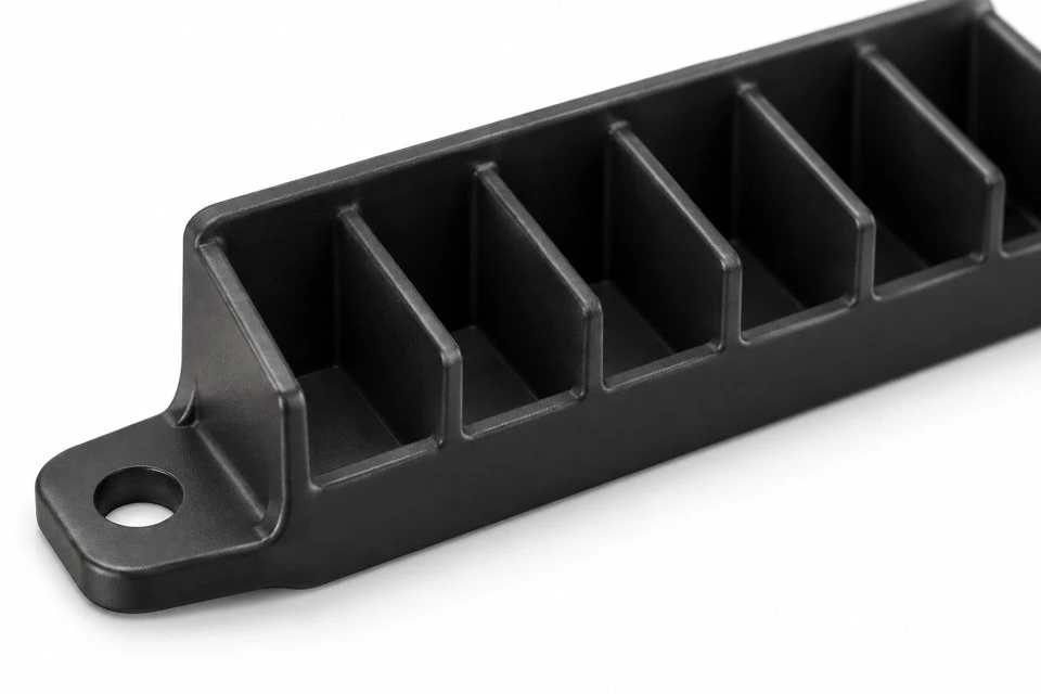 product-1-1 End mounting ear and pocket wall transition on an ABS spare fuse storage rack