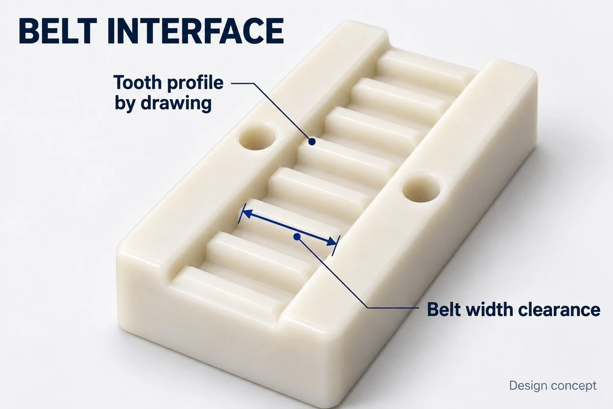 product-1-1 POM timing belt clamp concept showing tooth profile and belt width clearance