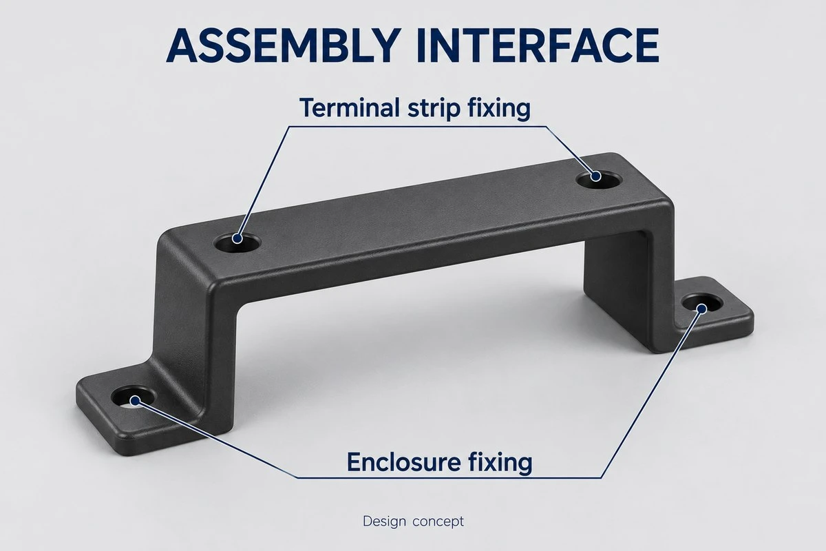 Custom ABS internal bracket showing separate terminal strip and enclosure fixing interfaces