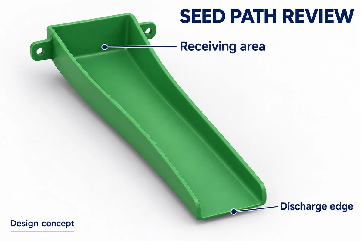 product-1-1 PP seed meter outlet guide chute concept showing receiving area and discharge edge