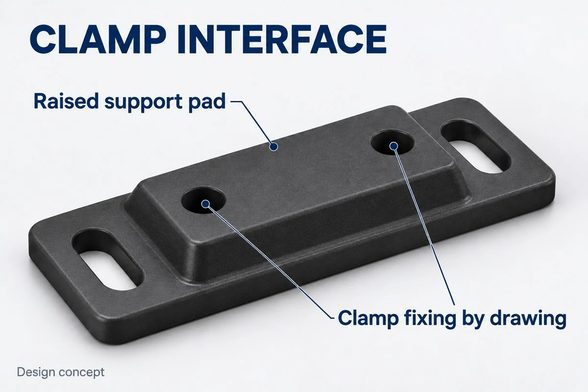 product-1-1 PA66 pipe clamp mounting base concept showing raised clamp interface