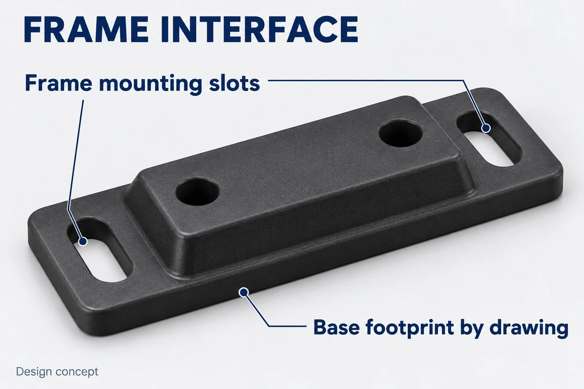 product-1-1 Custom nylon adapter base concept showing frame mounting slots