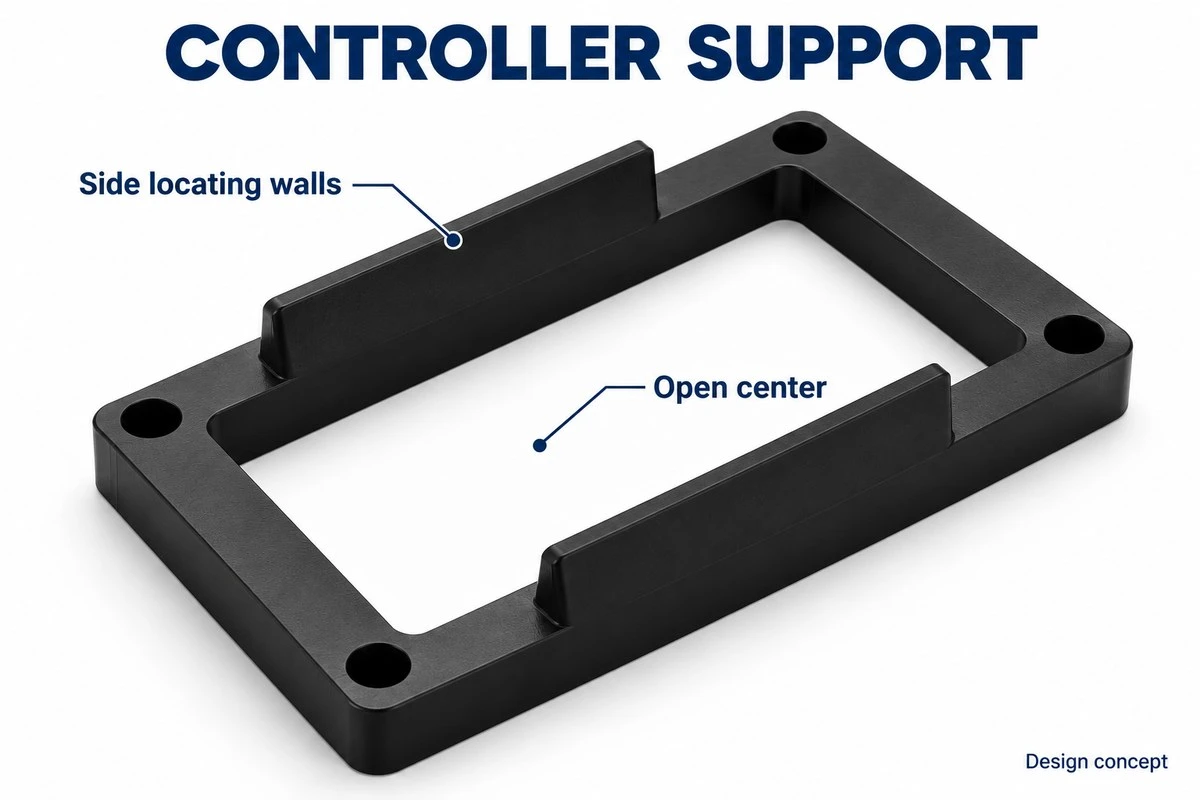 ABS controller support frame concept with side locating walls and open center