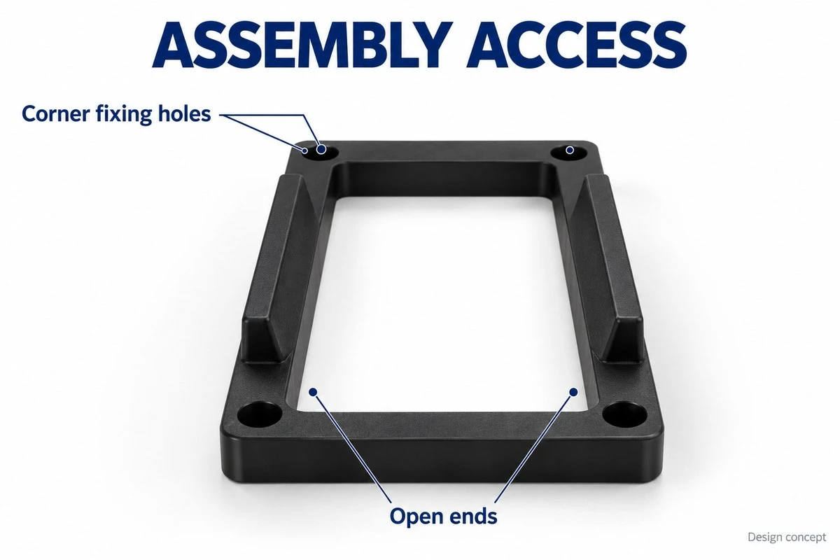 Custom ABS support cradle concept showing corner fixing holes and end access