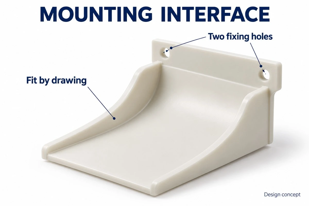 product-1-1 Custom polypropylene liquid guide concept showing two mounting holes