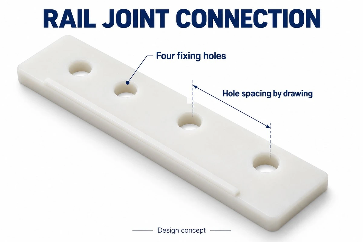product-1-1 POM conveyor side rail splice plate concept showing four fixing holes